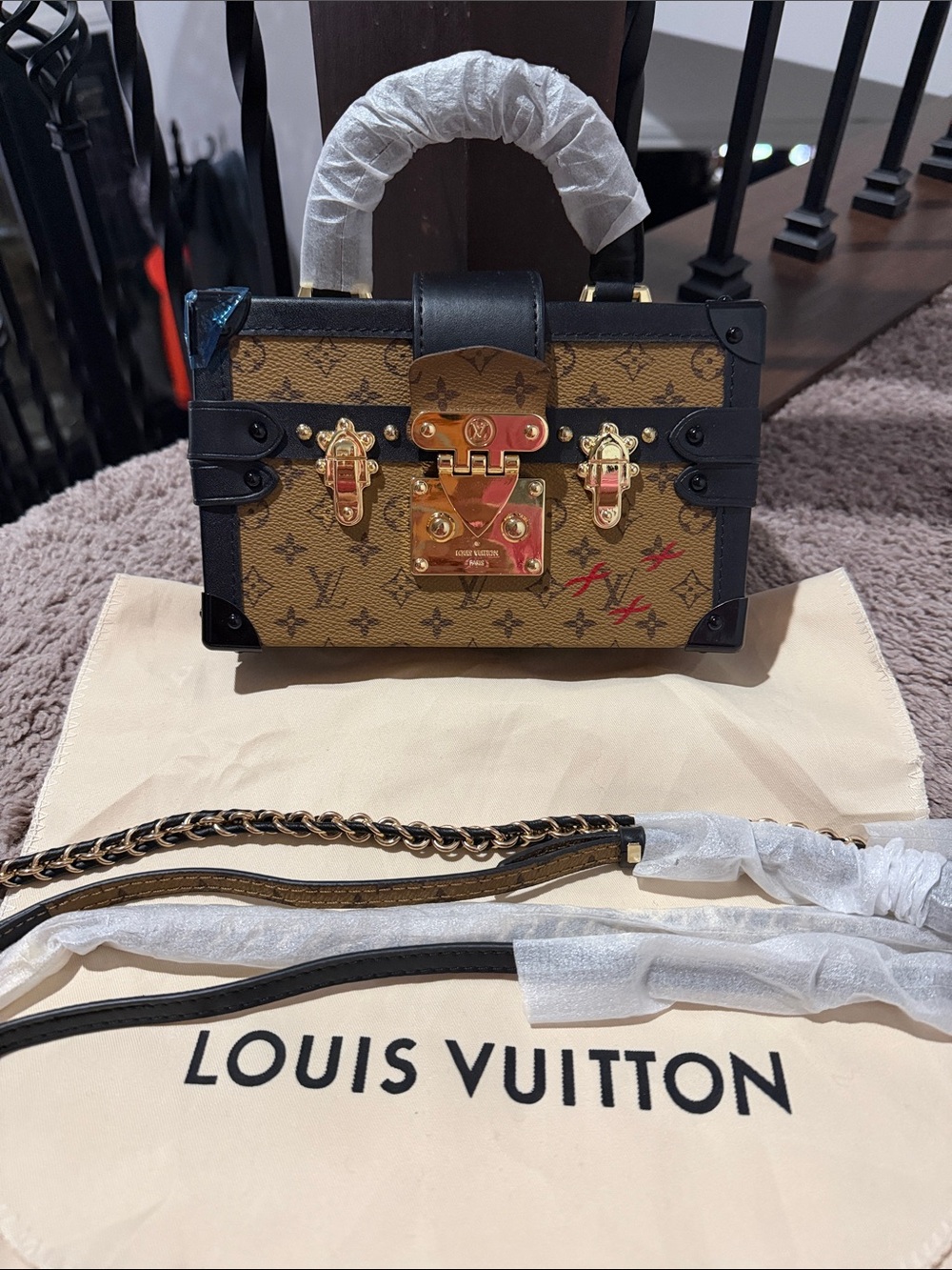 LV Mini Trunk Bag in Brown Monogram with Black Trim and Gold Hardware